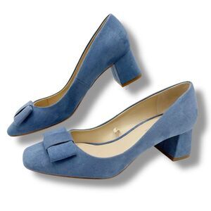 Zara Fair Isle Dusty Cornflower Blue Block Heel Shoes w/Bow Detail Sz 37 6.5